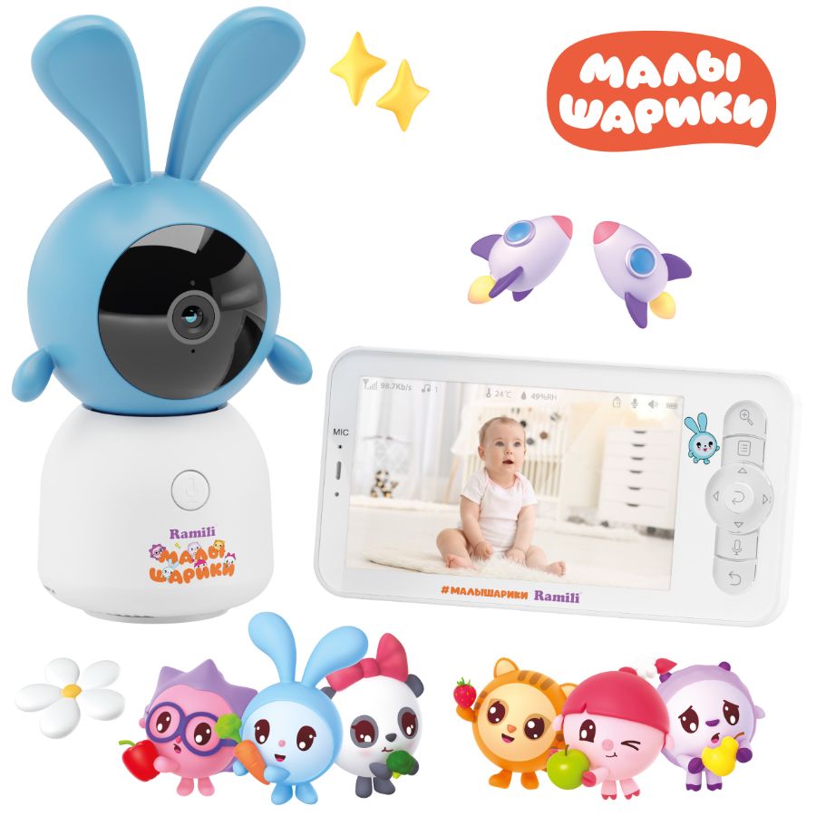 Комплект Ramili Baby RV100KROSH Крошик, Малышарики, Wi-Fi моторизированная видеоняня с креплением + 