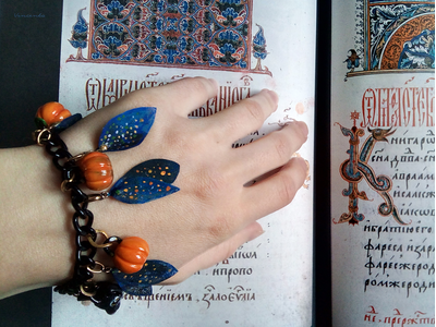 Браслет с тыковками и чёрным котом "Таинство сентября", необычное осеннее украшение