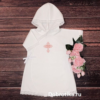 Тёплый или стандарт (сатин) набор для девочки "Светлое таинство": длинная распашная  спереди рубашка с капюшоном, пеленка с капюшоном , цвет крестиков на выбор;  можно вышить любое имя