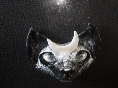 Необычная брошь в стиле фэнтези "Лунный котик - заклинатель звёзд"