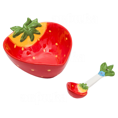 Салатник фарфоровый с ложкой Клубника
