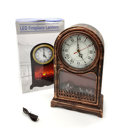 Фонарь большой с имитацией огня "Камин с часами", 41*25*14см , ЦВЕТ: БРОНЗА