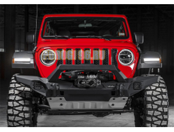 Бампер силовой передний длинный с лайтбаром AL (черный)  (без номерной рамки) для Jeep Wrangler JK, JL, все комплектации (2007-2018, 2017-...)