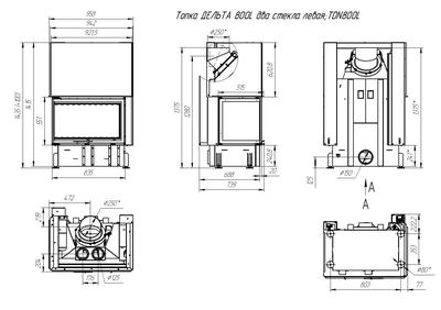 Каминная топка Дельта 800 RB два стекла правая принтинг черный шамот, Экокамин (Россия)
