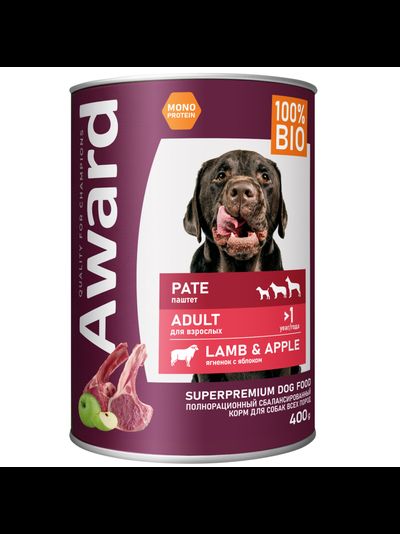 AWARD (Эворд) влажный корм (консерва) паштет для собак, Ягненок, Яблоко 400 г