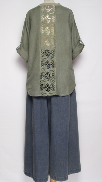 РУБАШКА ЛЁН "КРУЖЕВО НА СПИНЕ"  хаки, бежевая р.46-52