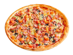 Пицца охотничья - фирменный соус, охотничьи колбаски, маслины, помидоры, корнишоны, сыр моцарелла - 25 см - 349 руб., 30 см - 470 руб., 35 см - 580 руб.