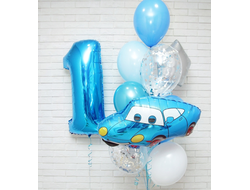 Композиция "Синяя молния" включает в себя (6 однотонных шаров, 2 шара с конфетти, 1 звезда 18", 1 цифра 102 см, фольгированная фигура машинка ).