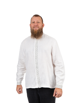 Деловая сорочка "Здрава" белый лён/серая вышивка