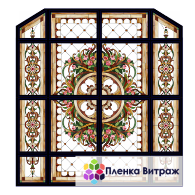 Пленка самоклеющаяся на потолок , розы витражная пленка, пленочный витраж с классическим рисунком
