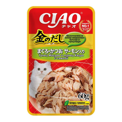 INABA CIAO Kinnodashi (Инаба) Влажный корм для кошек Тунец Магуро и тунец Кацуо с сёмгой, пауч, 60 г