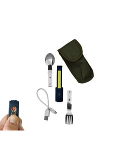 Походный набор столовых приборов #D01 /USB-зажигалка спиральная беспламенная/фонарь /лазер (красный)/ магнит