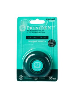 Нить межзубная вощеная Antibacterial с хлоргексидином, PresiDENT, 50 м.