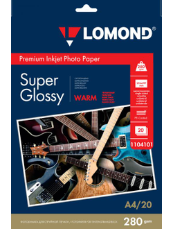 Суперглянцевая тепло-белая (Super Glossy Warm) микропористая фотобумага Lomond для струйной печати, A4, 280 г/м2, 20 листов.