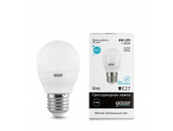 Лампа светодиодная Gauss Elementary Шар G45 E27 6W(450lm) 4100K 4K 82x45 матовая, пластик/алюм. 53226