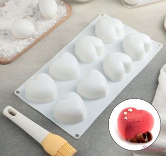Форма для муссовых десертов и выпечки «Сердца», 30×17,5 см, 8 ячеек (6,5×6,5×4 см), цвет белый,