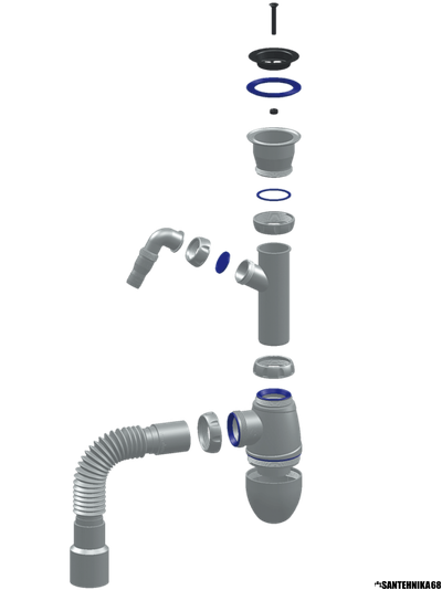 Cифон для мойки с отводом для стиральной машинки и прикручивающимся выпуском Unicorn В320V