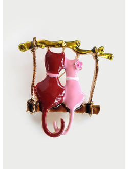 (АРТИКУЛ: 9300/90) БРОШКА ЖЕНСКАЯ "КОШКИ", СРЕДНЕГО РАЗМЕРА,  МЕТАЛЛ "ТЕМНОЕ ЗОЛОТО",  ТЕМНО-КРАСНАЯ И РОЗОВАЯ ЭМАЛЬ