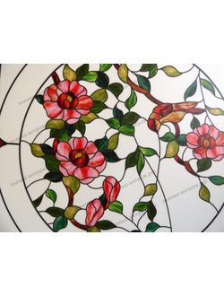 Витражная пленка, витражная пленка самоклеющаяся под заказ,пленочный витраж флора с птицами