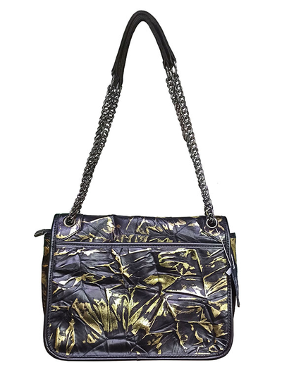 (АРТИКУЛ: 9682) СУМКА ЖЕНСКАЯ, НЕБОЛЬШАЯ, НАТУРАЛЬНАЯ "МЯТАЯ" КОЖА, ЧЕРНАЯ С ЗОЛОТЫМ РИСУНКОМ ,  С ЦЕПОЧКОЙ ЧЕРЕЗ ПЛЕЧО