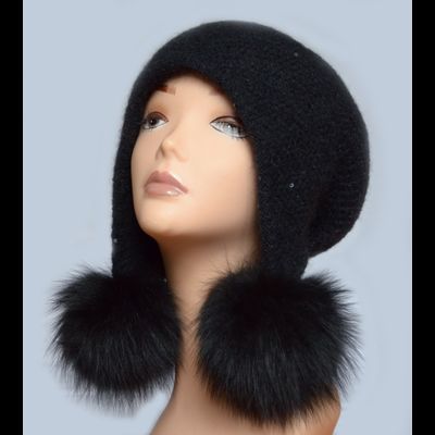Черная женская шапка ушанка с помпонами вязаная Vizio 6463