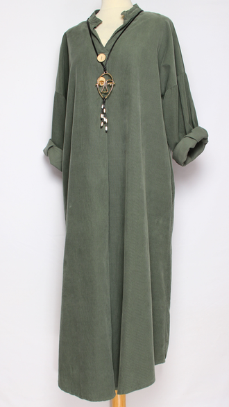 Платье Бохо вельветовое "СТОЙКА ЗАЩИП ПУГОВКИ" джинс, хаки  до р.52