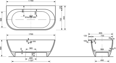 Ванна из искусственного камня STWORKI Левангер 170x85 см, пристенная, белая