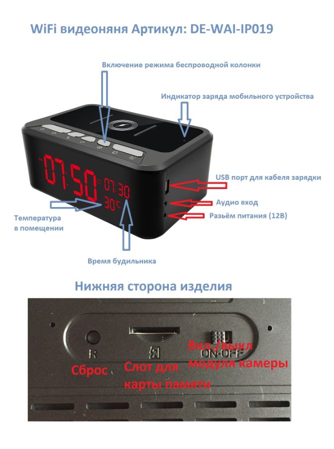 DE-WAI-IP019 - WiFi видеокамера + стерео колонка + информатор времени и температуры зарядная станция