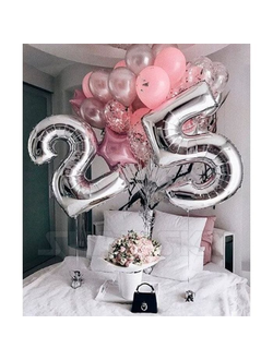 Композиция "25 серебро и розовые шары"