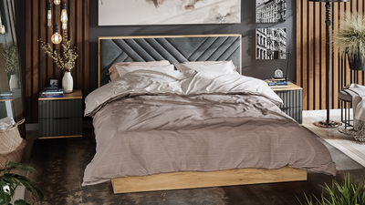 Композиции Спальни ХИЛТОН Дуб Крафт золотой/Велюр серый