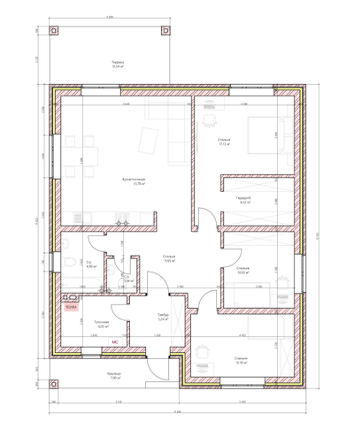 Одноэтажный дом с тремя спальнями 107м² (S71)