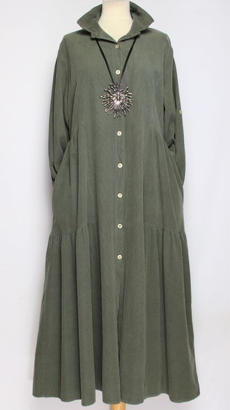 Платье-рубашка Бохо "Вельвет карманы ярусы" горчичное, хаки до р.52