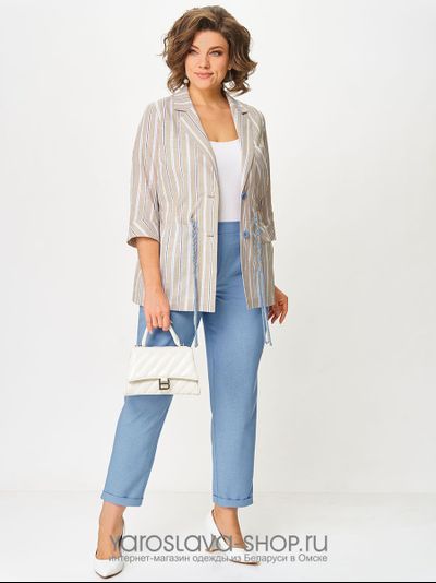 Модель: 2052.Брючный комплект: бежевая блуза в полоску, голубые брюки