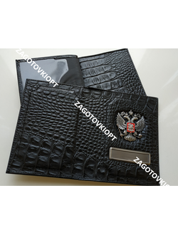 Обложка для авто документов и паспорта из кожи Флотер с металлической вставкой и линзами с гербом