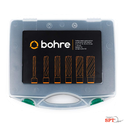 Набор сверл корончатых по металлу HSS Bohre 12,14,16,18,20,22 мм х50, Weldon 19, штифт 6,34х103