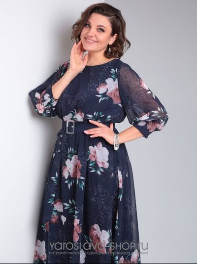 Модель:1-026.Элегантное шифоновое платье в синем цвете с цветочным принтом