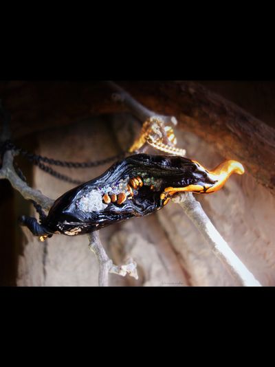 "Семечко из сада Нави", подвеска с чёрным перцем чили и золотыми семенами