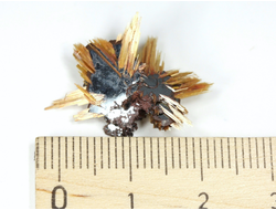 Редкость! Рутил свободного роста, сростки "звезды" золотистых игольчатых кристаллов на кристаллах гематита, Бразилия (22*18*6 мм, 1,25 г) №37913