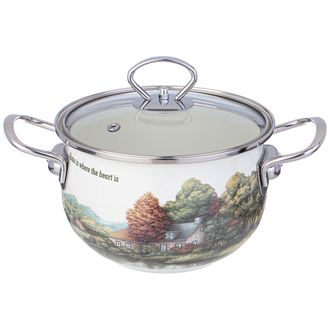 КАСТРЮЛЯ ЭМАЛИРОВАННАЯ СО СТЕКЛЯННОЙ КРЫШКОЙ СЕРИЯ "ДЕРЕВНЯ", 2,0 л