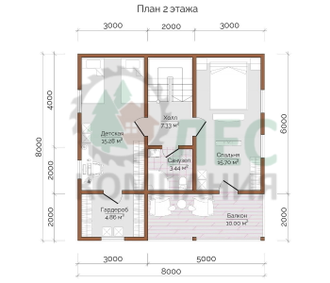 Двухэтажный дом из бруса 8x8,2 с балконом