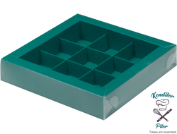 Коробка на 9 конфет с пластиковой крышкой 155*155*30 мм, зеленая матовая