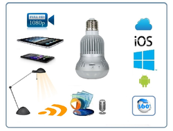 Панорамная WiFi видеоняня/видеокамера (лампа накаливания, цоколь Е27) с DVR с включением освещения, Full HD