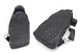 Сумка-рюкзак мужская нагрудная кожаная с узором «Крокодиловая кожа», Цвет: Черный +ПОДАРОК