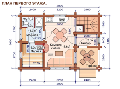 Гостевой дом с тремя комнатами и баней из бревна ДБ-17, площадь 91 м2