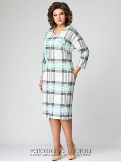 Модель : 1096.Повседневное платье мятно-серого цвета в клетку с декоративной вставкой из отделочной.