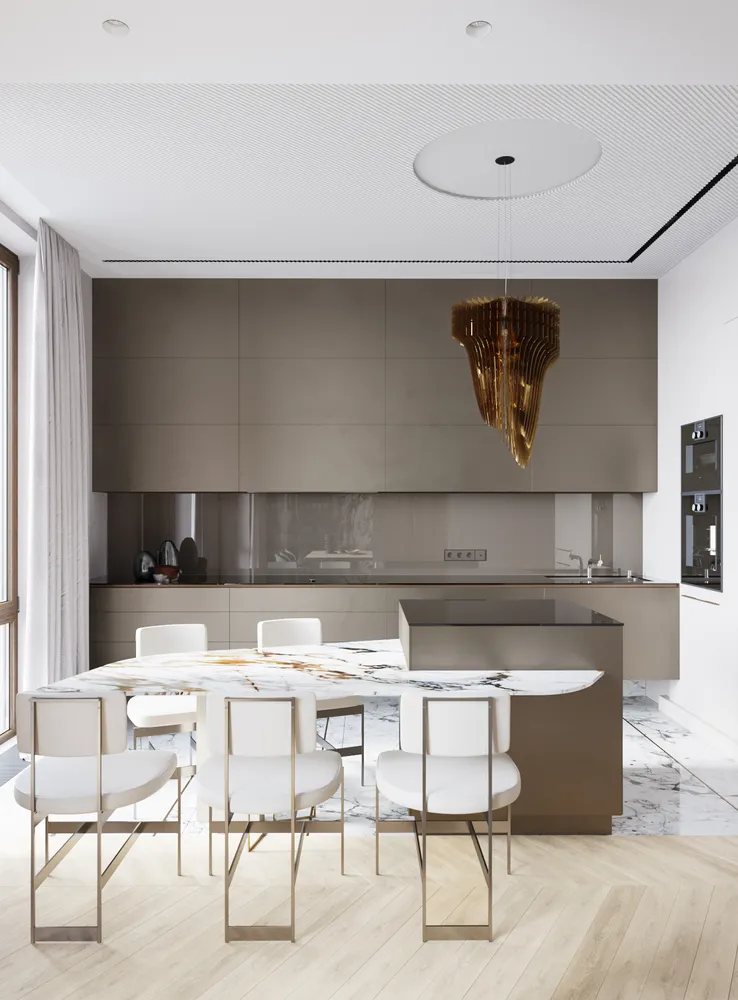 Визуализация кухни, для оформления потолка использованы 3d панели из гипса. Проект дизайн-студии "NIDO Interiors". Панелей было 3 разных вида с разными рисунками - для стен, для потолка и для санузла