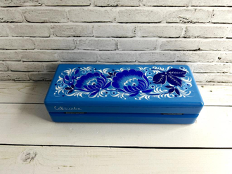 Футляр для очков Цветы голубая 165*70 мм очечник с росписью Хохлома