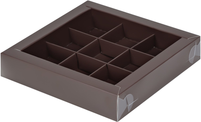 Коробка для 9 конфет с прозр. кр. (шоколад), 155*155*30мм
