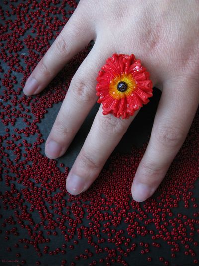 Кольцо-цветок "Алый Мак и роса"