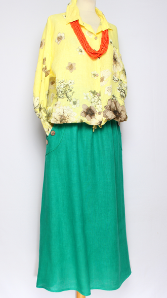 ЮБКА ЛЁН "ПУГОВИЦЫ НА КАРМАНАХ" электрик, зеленая, желтая  до р.54